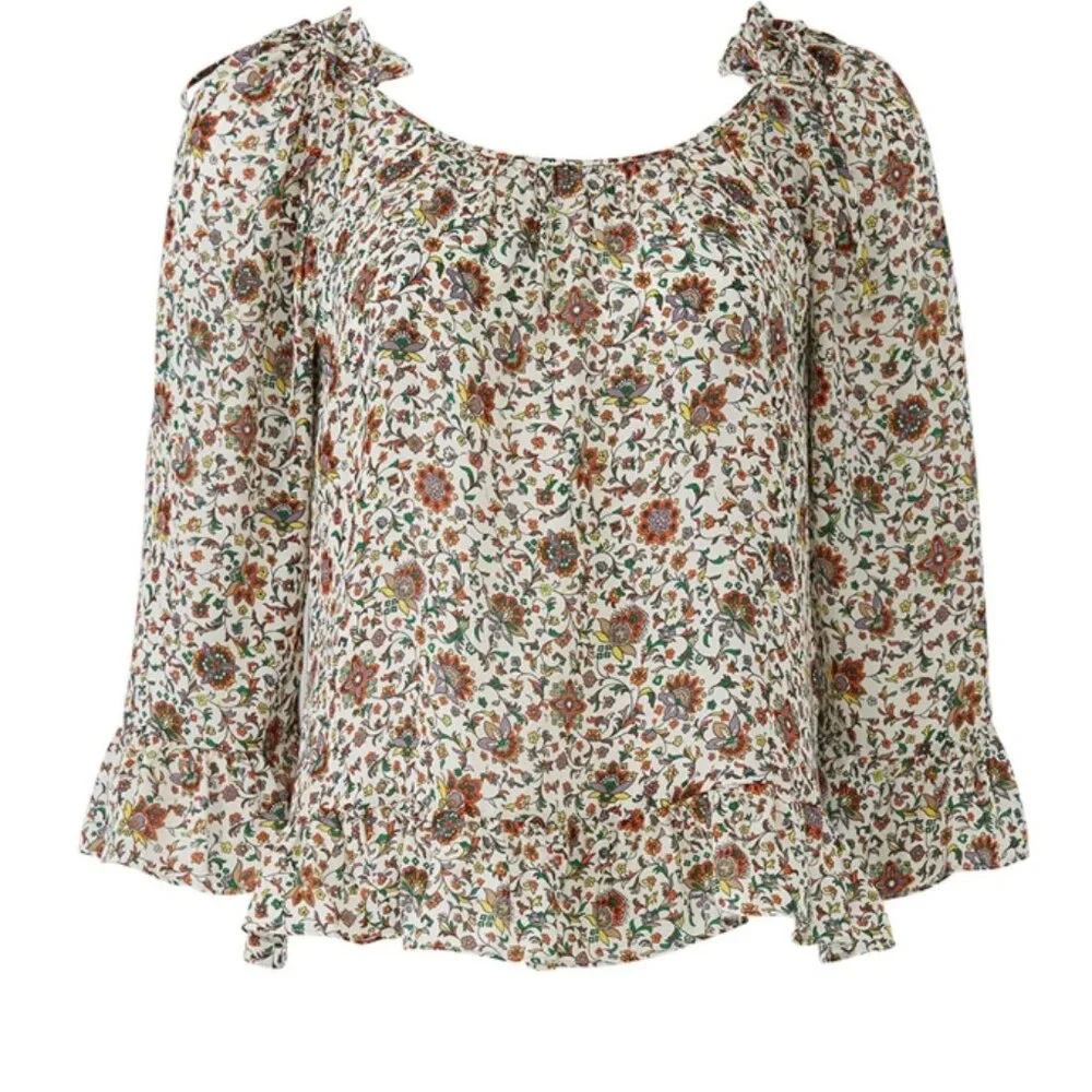 NWOT Tory Burch Ivory Soleil Floral Ruffle Silk Bohemian Top/Blouse XS $348